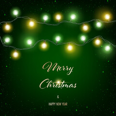 Fototapeta na wymiar Christmas glowing lights on dark green background. Greeting card, party invitation or banner template