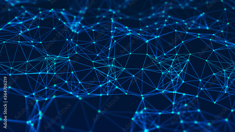 Poster Network of bright connected dots and lines. Abstract dynamic wave of many points. Digital background. 3D rendering.