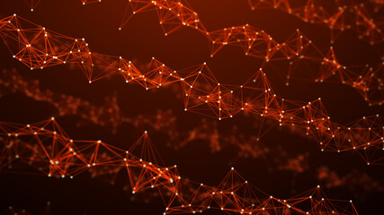 Network of bright connected dots and lines. Abstract dynamic wave of many points. Digital background. 3D rendering.