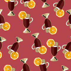 Mulled wine line in glass with cinnamon and orange seamless pattern.