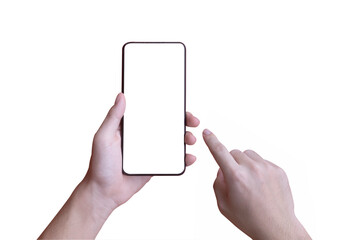Close up young man hands using smart phone mockup with blank screen on isolated white background
