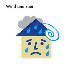 house in trouble due to wind and rain damage   風雨の損害で困っている家のイラスト