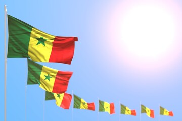 nice national holiday flag 3d illustration. - many Senegal flags placed diagonal with selective focus and free place for your text