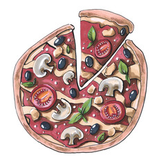 Pizza with tomato basil black olives Illustration