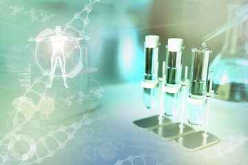 lab test-tubes in modern scientific study clinic - drinking water quality test for bacteria design background, medical 3D illustration