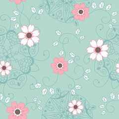 Seamless surface repeat vector pattern design with pink and white flowers and little white leaves and vines with beautiful mandalas on a turquoise background