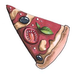Slice of Pizza with tomato basil black olives Illustration
