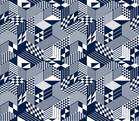 Seamless cubes vector background, rhombus and triangles boxes repeating tile pattern, 3D architecture and construction, geometric design.
