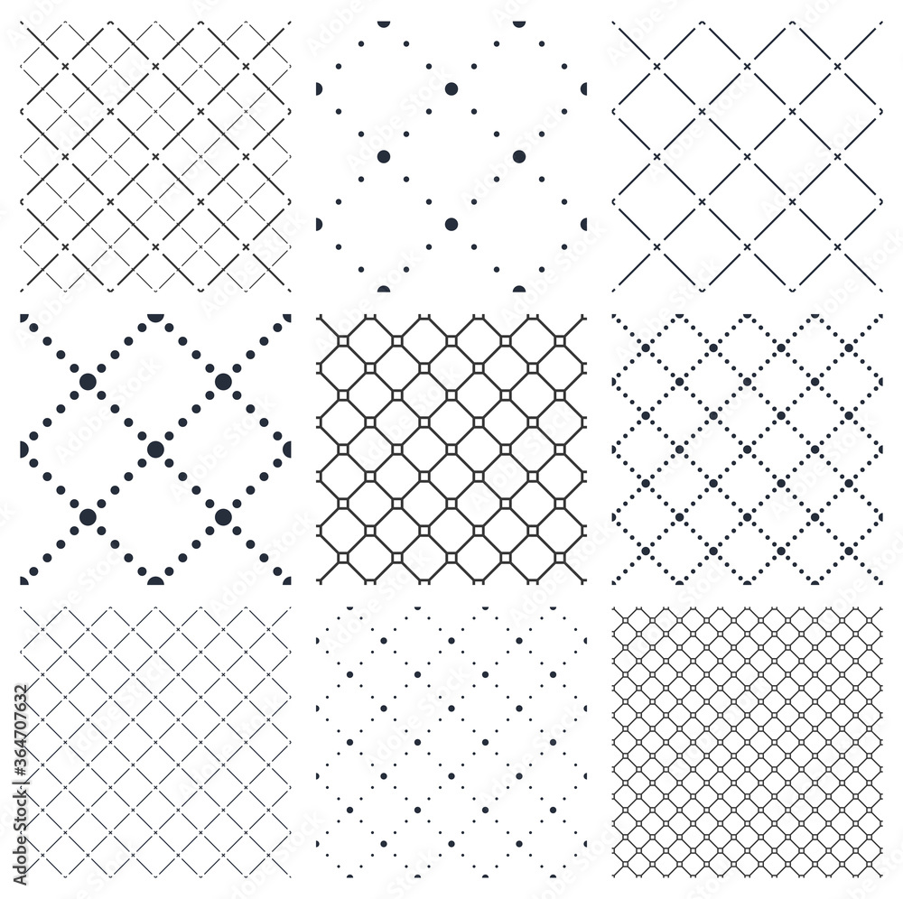 Poster minimal simple geometric seamless patterns set, vector abstract backgrounds with lines and dots, wal