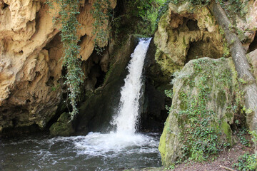 Small waterfall on the mountain. A waterfall near the town of Los Fayos (Zaragoza, Spain), called...
