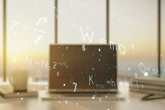 Creative scientific formula hologram on modern laptop background, research concept. Multiexposure