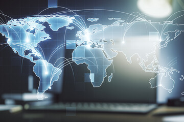 Abstract graphic digital world map with connections on modern computer background, globalization concept. Multiexposure