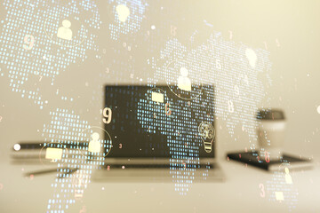 Double exposure of social network icons concept with world map and computer on background. Networking concept