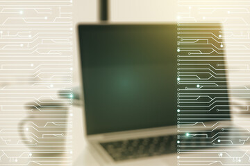 Creative abstract micro circuit sketch on modern laptop background, future technology and AI concept. Double exposure