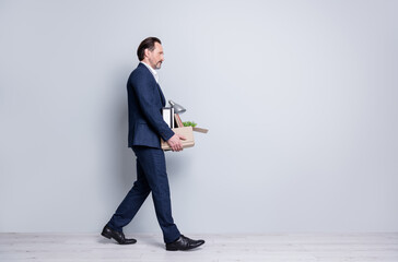Full body profile photo of unhappy worker mature guy financial crisis crash lost work carry box...