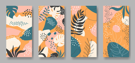 Set of four vector banners with abstract ornament and leaves	