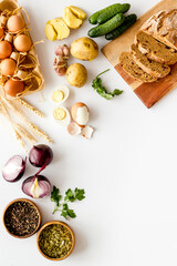 Food background. Dinner table with fresh homemade food. Top view