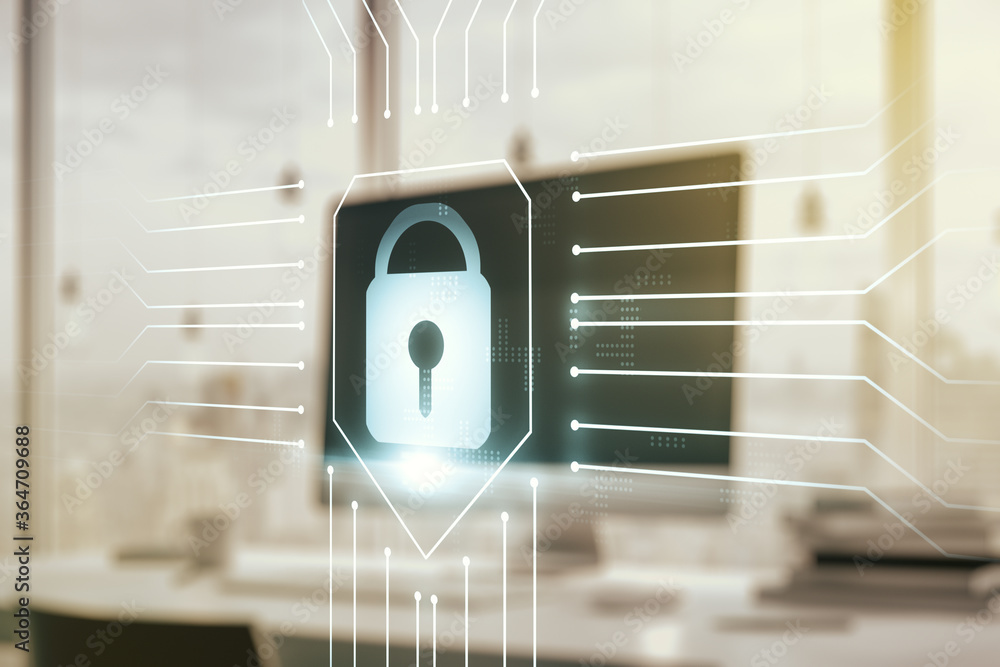Poster creative light lock illustration with microcircuit on modern computer background, cyber security con