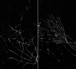Set of 2 broken glass templates. Damaged texture. Dirty shattered window overlay effect.