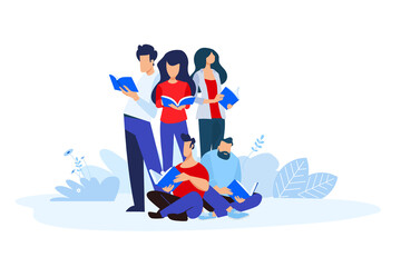 Fototapeta premium Improve your knowledge and business skills. Vector illustrations of people in different poses read a book. Concepts for graphic and web design, education, training and courses.