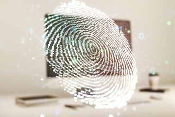 Abstract creative fingerprint illustration on modern computer background, personal biometric data concept. Multiexposure