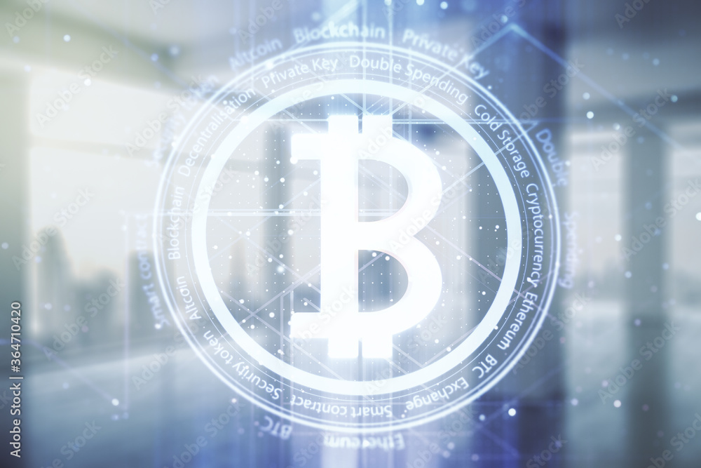 Poster double exposure of creative bitcoin symbol hologram on empty room interior background. mining and bl