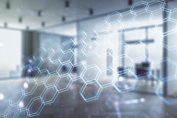 Double exposure of abstract virtual technology hologram with hexagon on modern corporate office...