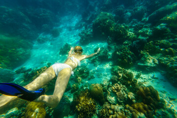 back and top view of a woman swimming deep in apnea of Surin Islands, Andaman Sea reef. Ko Surin Marine National Park, underwater scene. Watersport activity at North of Phuket, Phang Nga of Thailand.