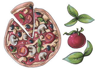 Pizza Set Tomato Basil Illustration