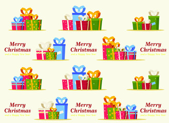 Christmas pattern with decorative gifts, Merry Christmas and Happy New Year.