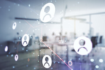 Double exposure of social network icons hologram on a modern furnished office interior background. Networking concept