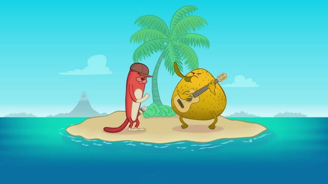 Cartoon animation of cute stoat singing with microphone and kiwi bird playing guitar on tropical island