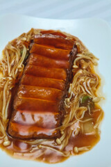 Vegan Food Golden Needle Mushroom Tofu with Red Sauce