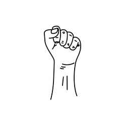 Silhouette male fist growth on a white background with white lines defining the fingers and thumb. A symbol of freedom, struggle, revolution, unity, strength and struggle. Simple, basic illustration.