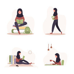 Books lovers. Arab reading women holding books. Preparing for examination or certification. Knowledge and education library concept, literature readers. Set of vector illustration in flat style.