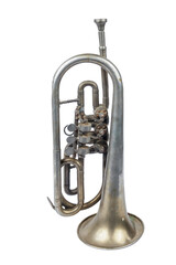 Old silver trumpet standing on a white background