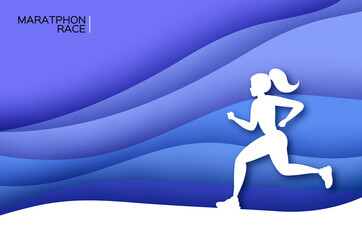 White origami young lady running. Happy fitness woman in paper cut style. Woman runner in silhouette on blue wave background. Jogging. Dynamic movement. Side view.