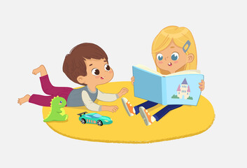 a girl and a boy reading the book in a book corner in the kindergarten.