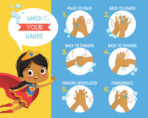 Super Hero Gorl shows how to wash your hands step poster Infographic illustration. Poster with african girl shows how to wash hands properly