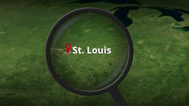 Loupe finds St Louis city on the map, 3d rendering