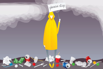 Man In Yellow Raincoat With Plastic Garbage