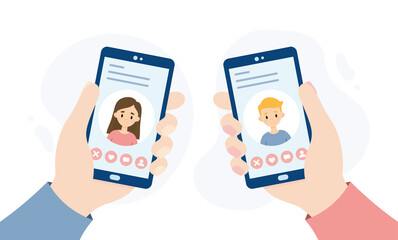 Dating application for smartphones. Hands holding smartphones. People dating through an online app.