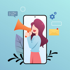 Promote announce online marketing concept woman with megaphone in smartphone illustration