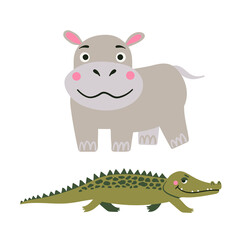 Vector cartoon illustration of cartoon cute safari animals - Hippopotamus and Crocodile on white background