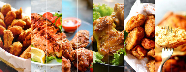 Collage of various food. Meat dishes and chicken dishes. Menu.