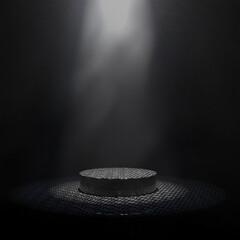 Product Showcase Background. Empty Carbon Fiber Composite Podium on a Carbon Surface in a Dark Space with a Spotlight and Light Smoke or Fog. 3D Render.