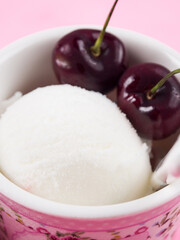 Fresh lemon ice cream scoops with cherries, macro shot vertical