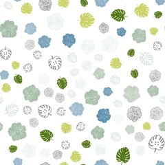 Light Blue, Green vector seamless elegant pattern with leaves, flowers. Shining colored illustration with leaves and flowers. Pattern for design of fabric, wallpapers.