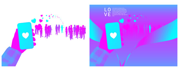Modern futuristic vivid coloured layout designs. Bright and vibrant concept. Dating app, match, party crowd. Isolated objects, layered and grouped, easy to edit. 