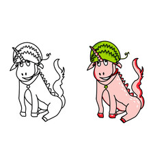 Vector hand draw illustration, Outline unicorn with watermelon hat and colored variation, cute doodle art for kids activity